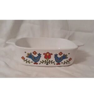 Corningware White Casserole Dish with Blue and Red Bird Design